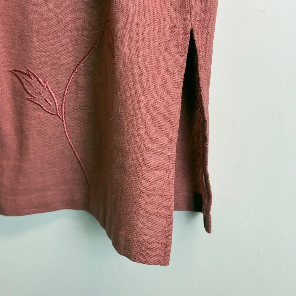 Requirements Womens Dusty Rose Linen Blend Floral Embroidered 2 Piece Pant Set M